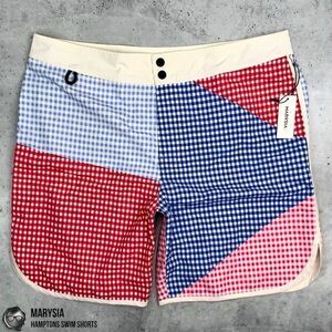 MARYSIA MEN’S HAMPTONS SWIM SHORTS IN RED & BLUE GINGHAM PATCHWORK MADRAS TRUNKS